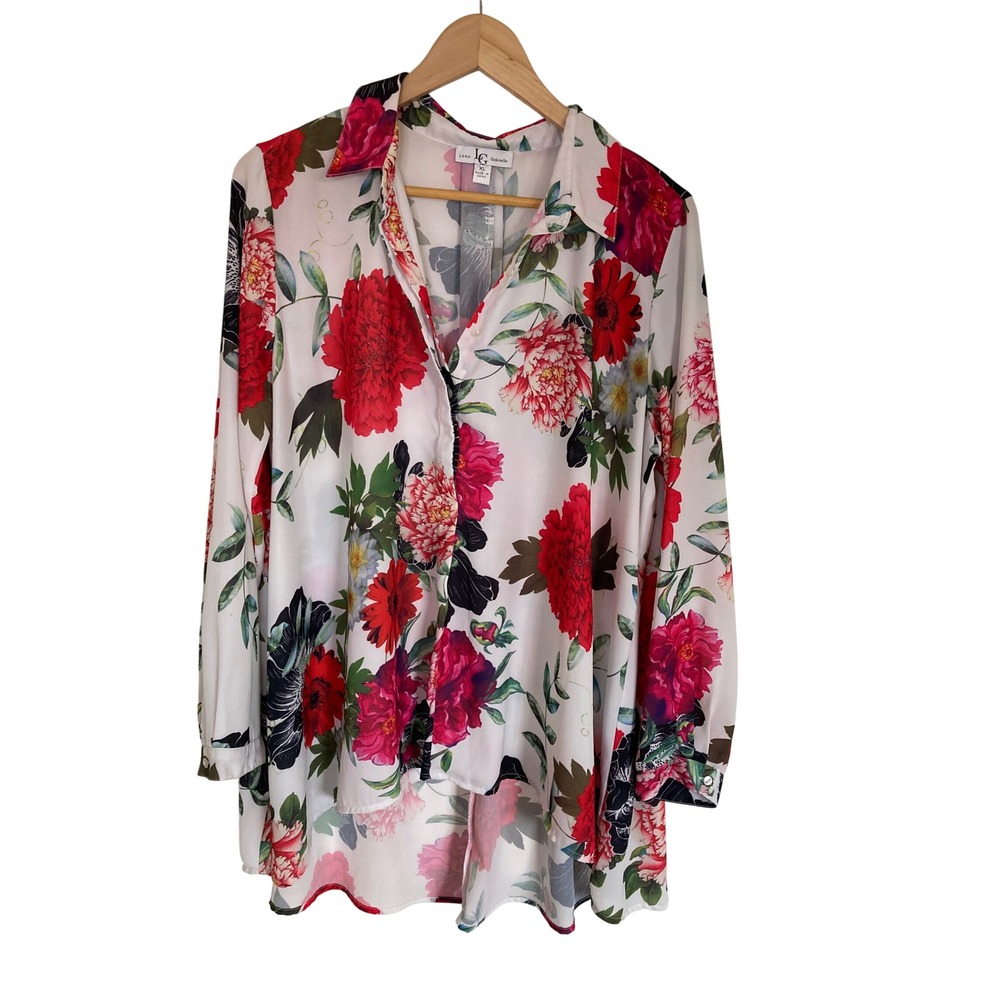 Lena Gabrielle Floral Tunic Blouse Red Pink White High Low Button Up XL